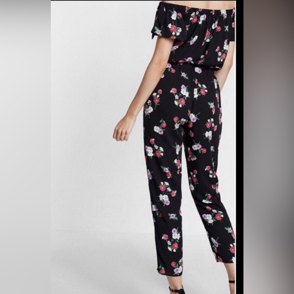 Express off the shoulder black floral lined jumpsuit elastic waist NEW - Picture 13 of 14